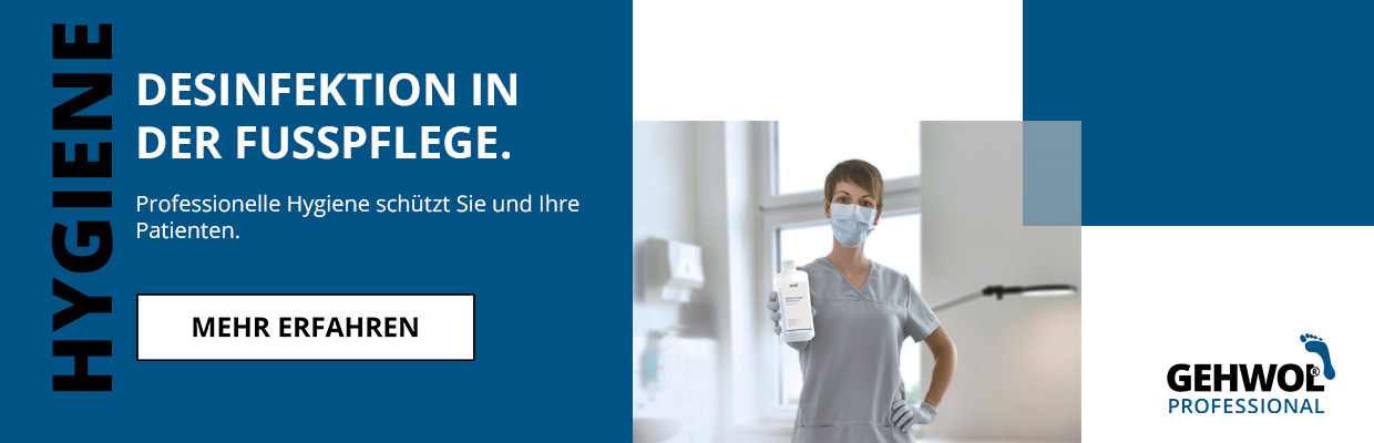 Die Desinfektion hat eine wichtige Rolle in der Fußpflege. Nutzen Sie dafür die Produkte von GEHWOL PROFESSIONAL!