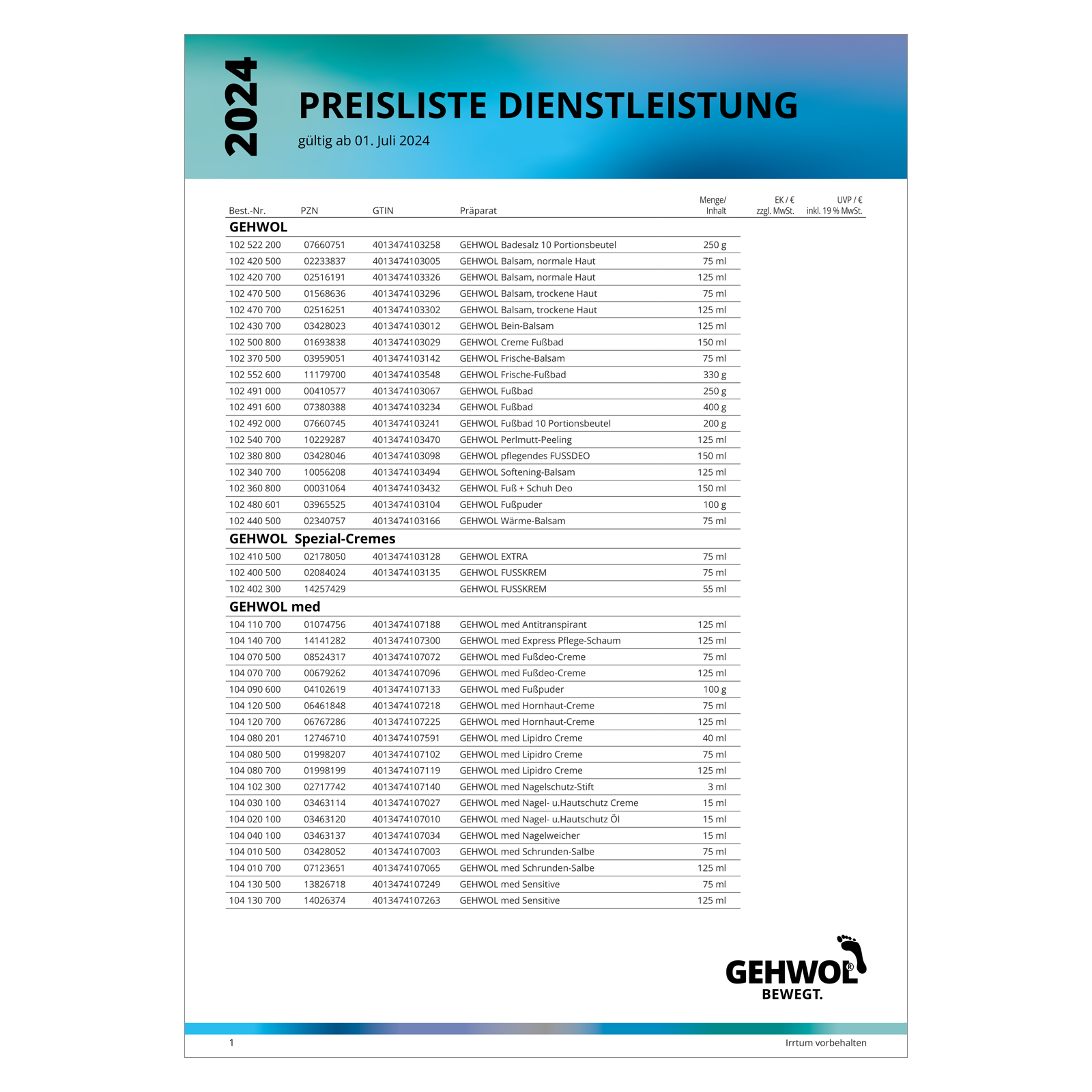 GEHWOL Preisliste Dienstleistung