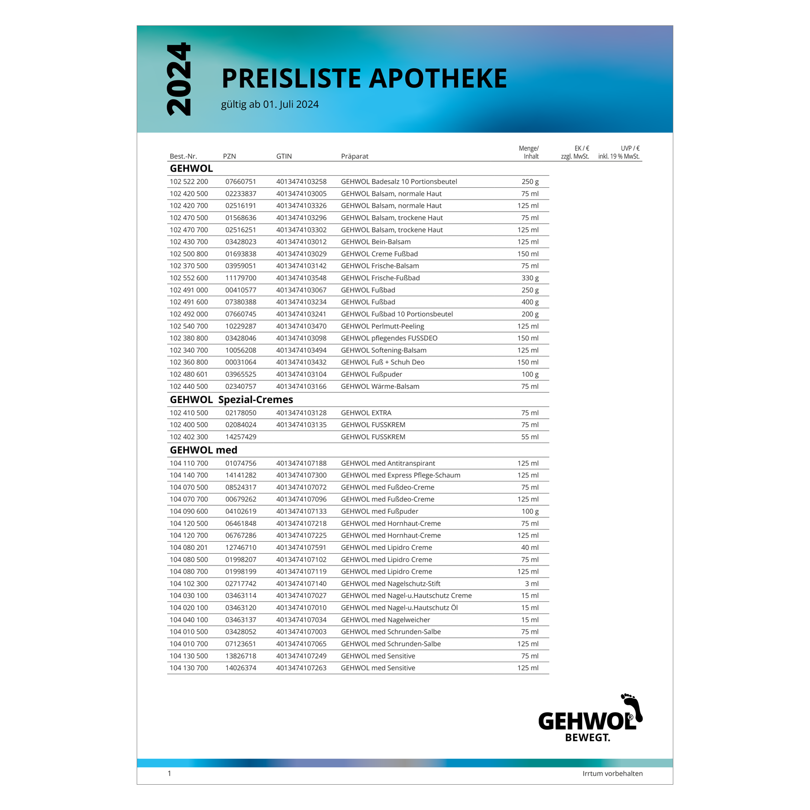 GEHWOL Preisliste Apotheken